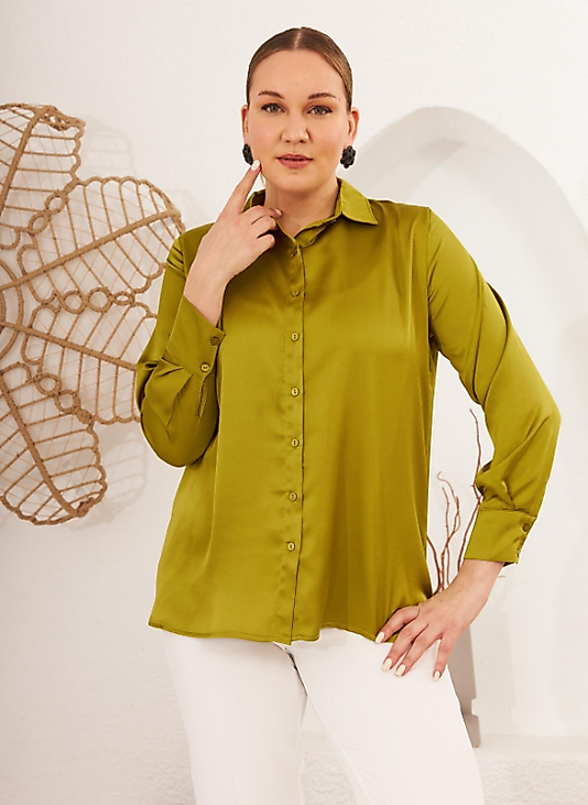 UZUN KOL SATEN OLİVE GÖMLEK