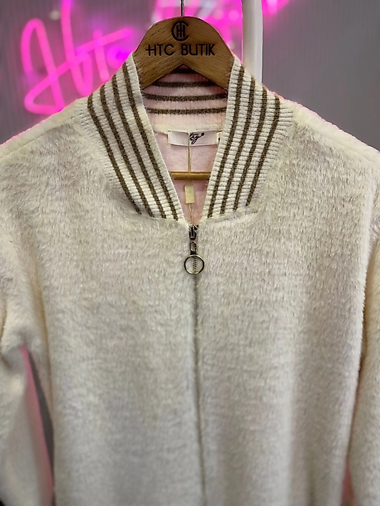 ÇİZGİLİ RİBANALI ANGORA CEKET