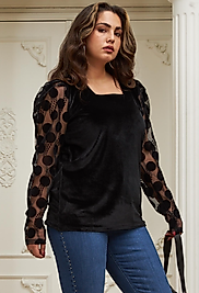 KOLLARI TÜL DETAYLI KADİFE BLUZ