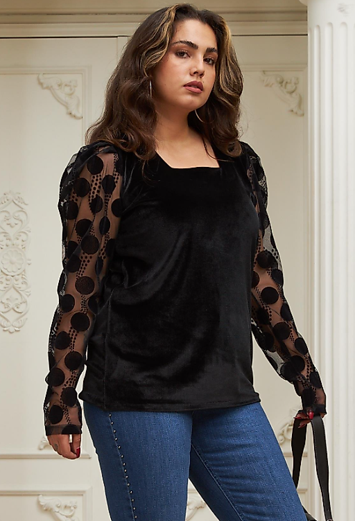 KOLLARI TÜL DETAYLI KADİFE BLUZ